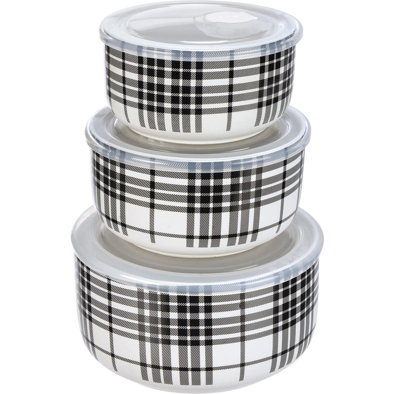 Primitives by Kathy Set of 3 Black & White Plaid Stoneware Serving Dishes with Lids