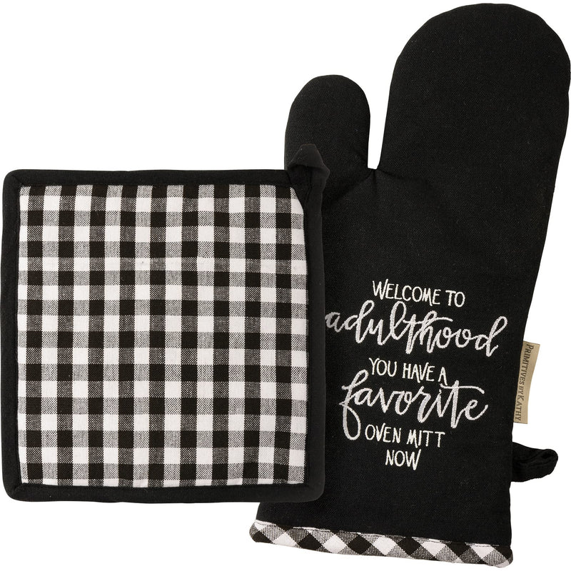 Primitives by Kathy Black & White Buffalo Check Welcome to Adulthood Favorite Oven Mitt & Potholder Set