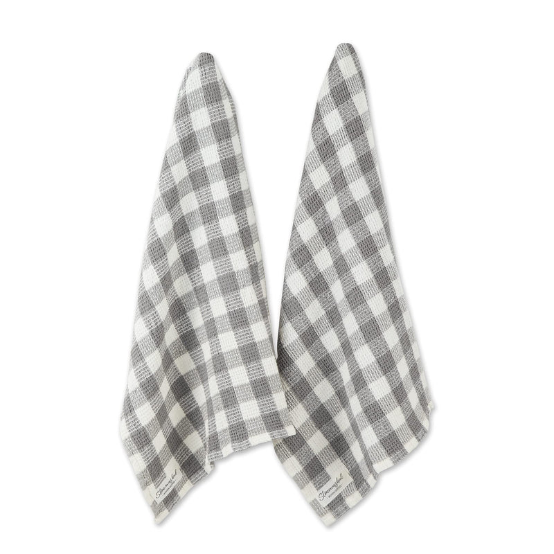 DII Washed Waffle Weave Collection, Dishtowel Set, 18x28, Dove Gray Check, 2 Piece