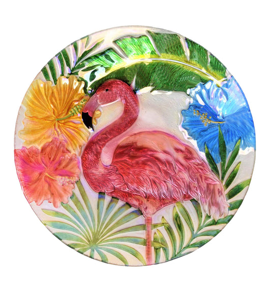 Continental Art Center Inc. CAC3605861 18'' Holographic Painted Flamingo with Tropical Flowers Glass Bird Bath/Feeder, Fountain, Decorative Plate, Red