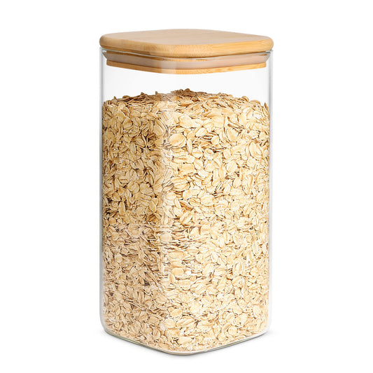 ComSaf Airtight Glass Storage Canister with Wood Lid (50oz), Clear Food Storage Container Jar with Sealing Bamboo Lid for Noodles Flour Cereal Rice Sugar Tea Coffee Beans