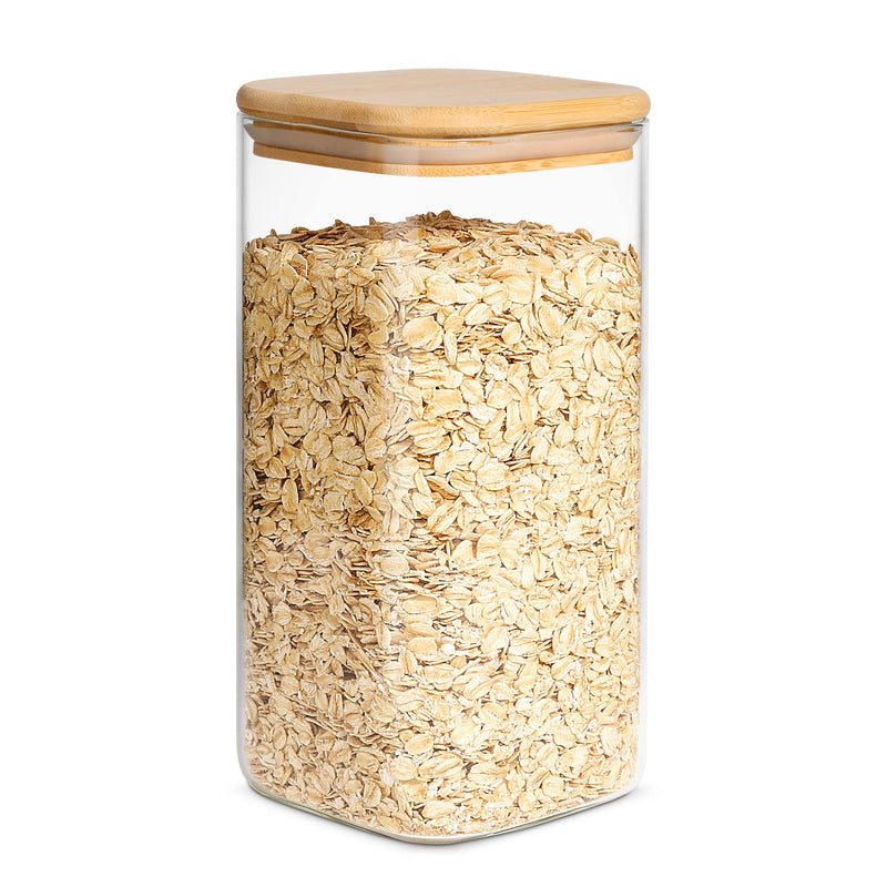 ComSaf Airtight Glass Storage Canister with Wood Lid (50oz), Clear Food Storage Container Jar with Sealing Bamboo Lid for Noodles Flour Cereal Rice Sugar Tea Coffee Beans