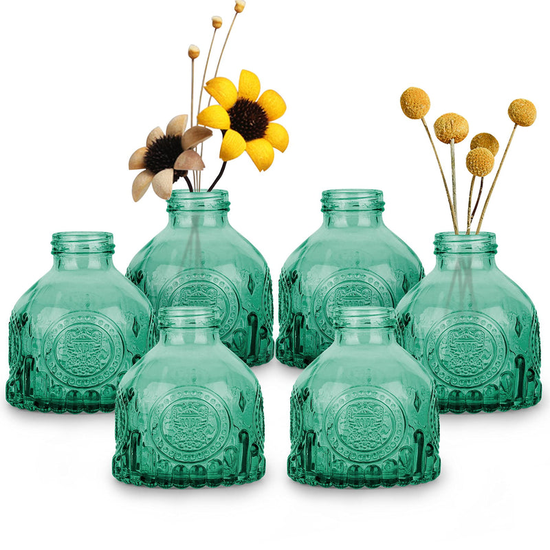 ComSaf Glass Bud Vases Set of 6, Small Vintage Flower Bottle, Petite Glass Flower Vase for Floral Arrangements, Decorative Centerpiece for Home Wedding Party Event Office, Modern Decor, Green