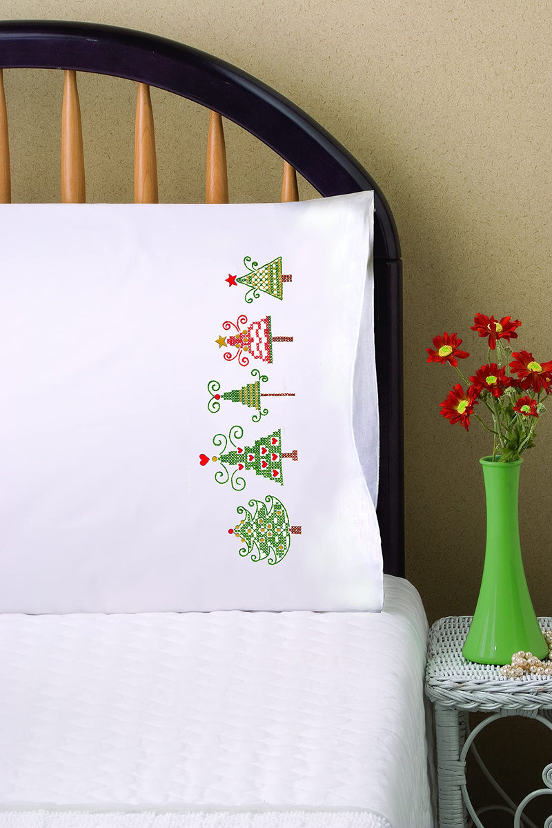 Tobin Stamped Pillowcases, Christmas Trees, 20" x 30" Embroidery Kit, Multicolor