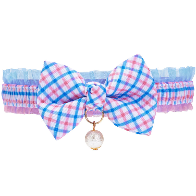 Blueberry Pet 18 Patterns Blue Plaid Breakaway Bowtie Cat Collar Lace Choker Necklace with Handmade Bow Tie and Pearl Charm, Safety Elastic Stretch Collar for Cats, Neck 8.5"-12"