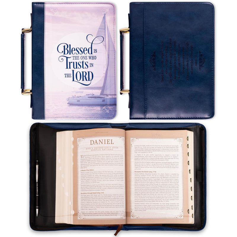 Christian Art Gifts Classic Faux Leather Bible Cover for Women: Blessed is The One Who Trusts - Jeremiah 17:7 Inspirational Bible Verse, Navy Blue, Medium