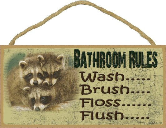 Blackwater Trading Raccoon Bathroom Rules Wash Brush Floss Bath Sign Plaque Lodge Cabin Decor 5"x10"
