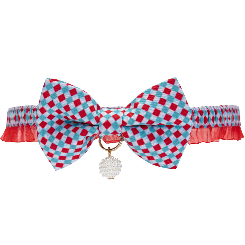 Blueberry Pet 18 Patterns Two Tone Checker Breakaway Bowtie Cat Collar Lace Choker Necklace with Handmade Bow Tie and Pearl Charm, Safety Elastic Stretch Collar for Cats, Neck 8.5"-12"