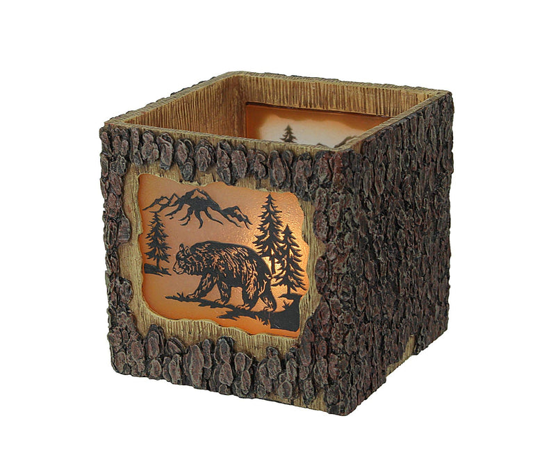 Black Bear Accented Square Tree Bark Design Ambient Light Accent Lamp Lodge Decor