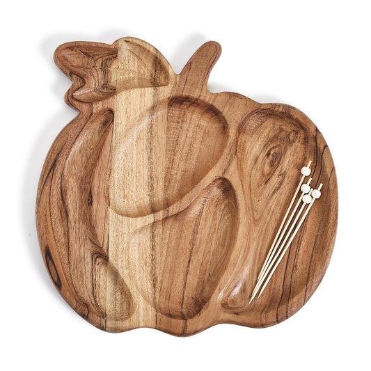 Two's Company Gather Hand-Crafted Pumpkin Shape Sectional Charcuterie Board with 20 Wood Picks