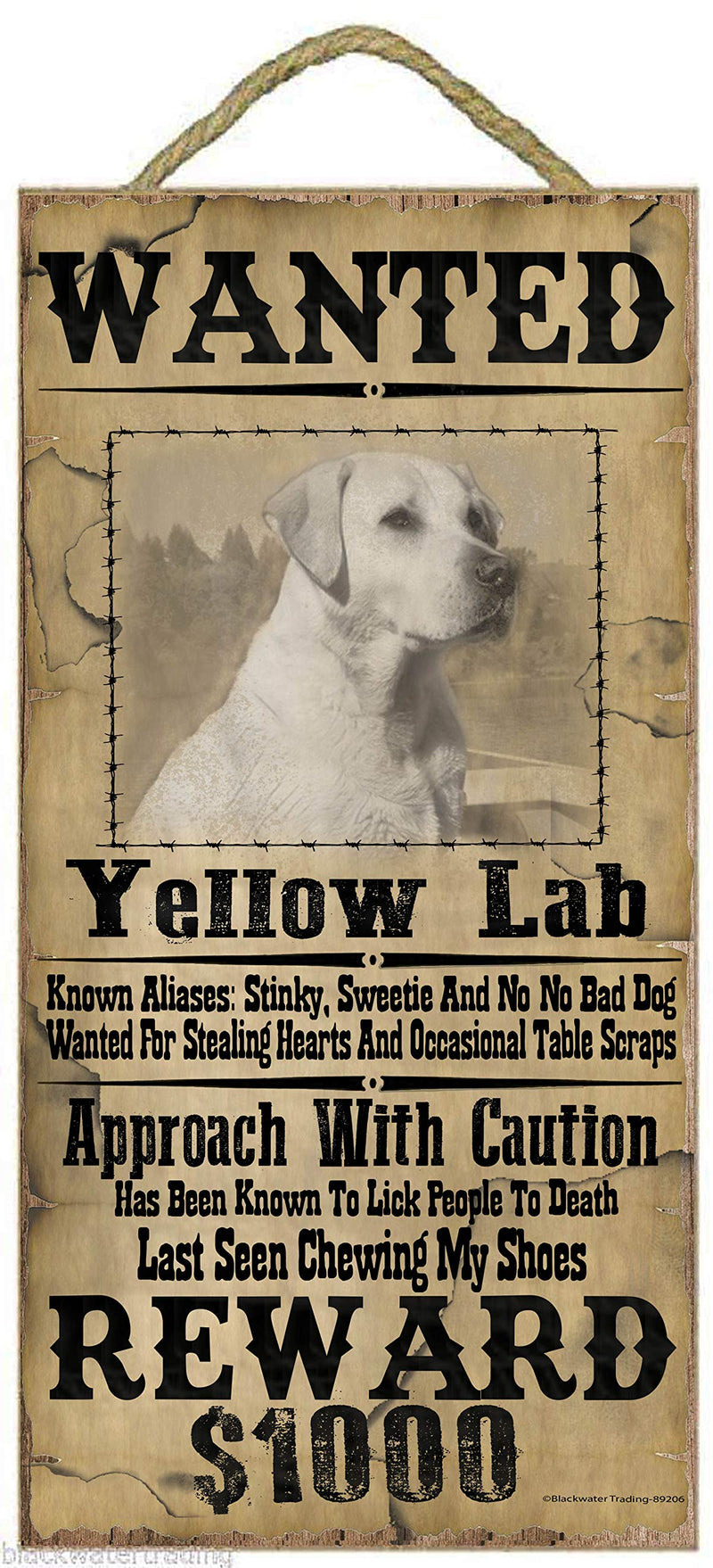 Blackwater Trading Wanted Western Poster Style Yellow Lab Funny Dog Pet Sign Plaque 5"x10"