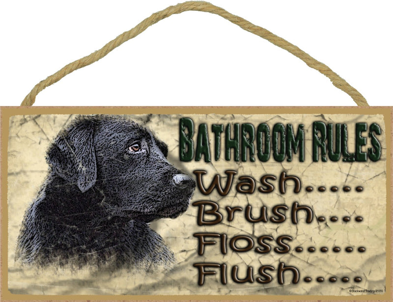 Black Lab Bathroom Rules Flush Floss Brush Wash Sign Plaque Lodge Cabin Decor 5"x10"