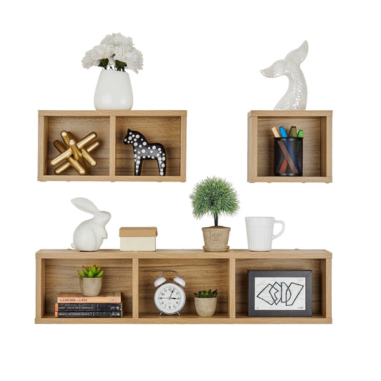 Danya B. Bauhaus Floating Geometric Cubby Wall Shelves - Set of 3 Sizes - Chestnut