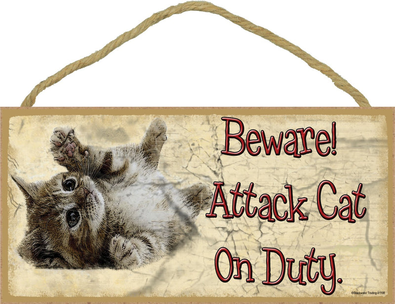 Beware Attack Cat on Duty Rolling Kitten Cat Sign Plaque 5"x10" Funny