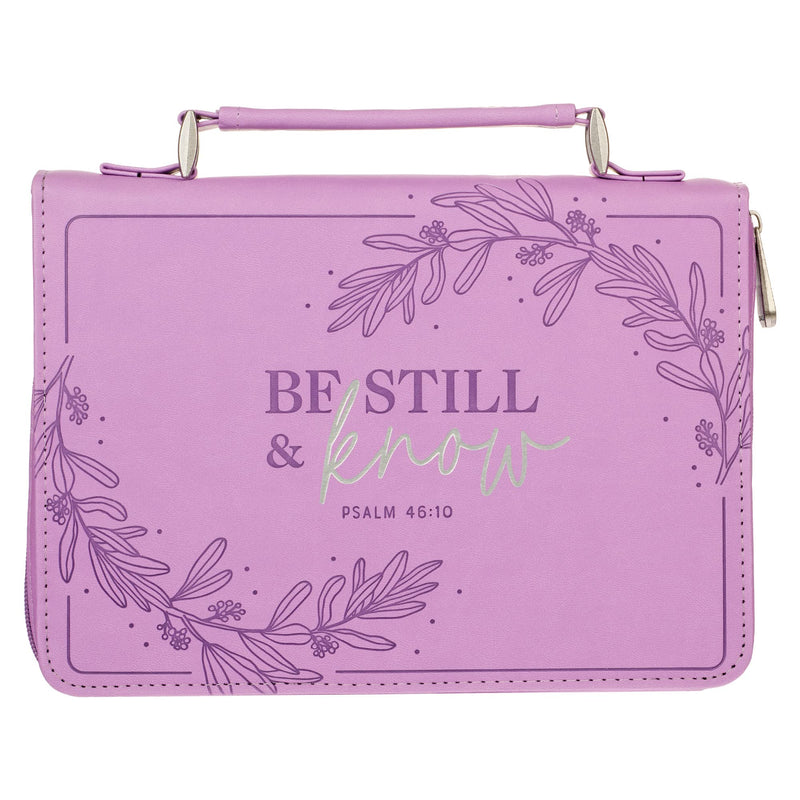 Christian Art Gifts Protective Purple Floral Faux Leather Fashion Bible Cover Carry Case with Handle for Women: Be Still and Know - Psalm 46:10 Inspirational Bible Verse, Medium