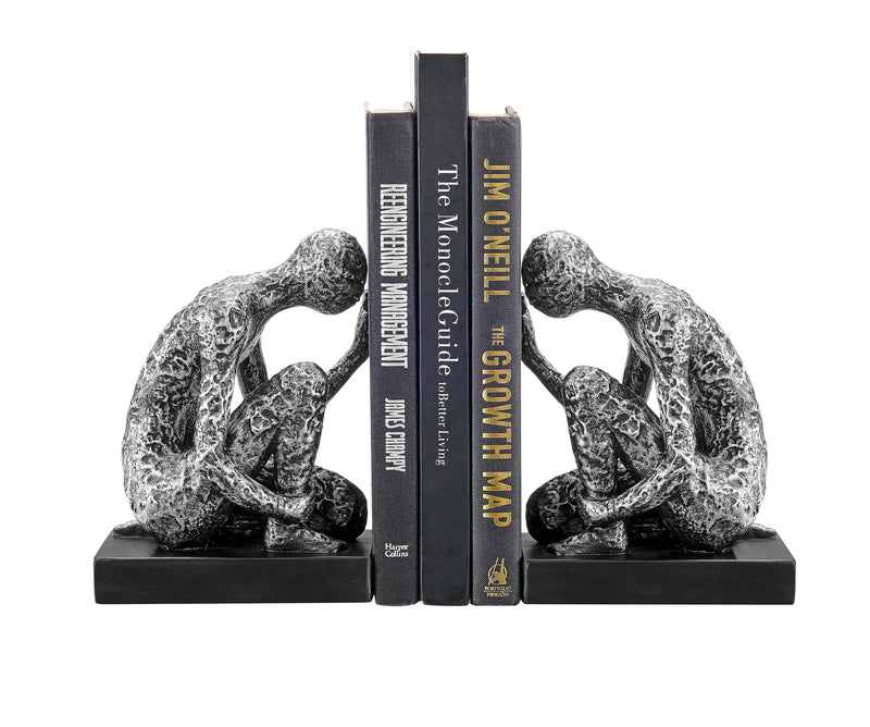 Danya B. Kneeling Figure Sculptures Polyresin Silver and Black Finish Bookend Set of 2