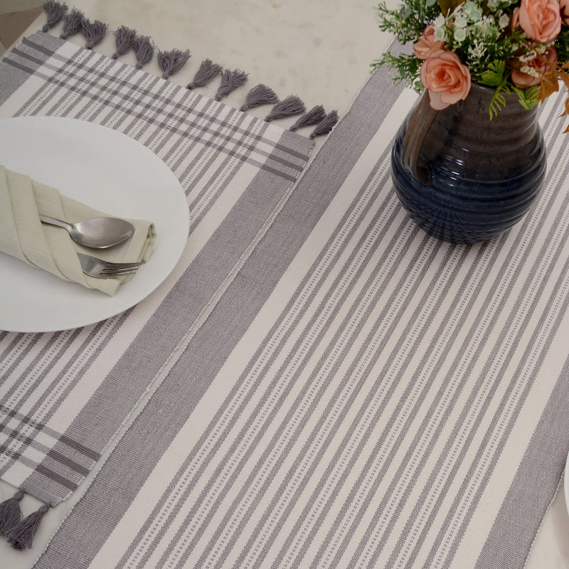 Quintessential Textiles Striped 100% Cotton Table Runner for Dining Table, Home, Kitchen, Dining Room, Holiday, Wedding, Party & Decor, 60 x 84 Inch, White & Gray