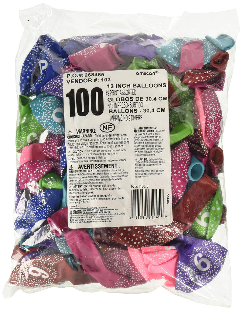 Amscan Décor Number 9" Printed Latex Balloons | Assorted Colors | Party Decor, 12", Multicolor