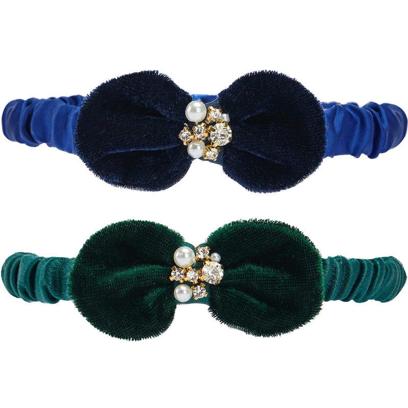 Blueberry Pet 2 Colors Elastic Velvet Bowtie Breakaway Cat Collars with Bows and Pearls, 2 Pack, Green & Blue, Collar for Boy Cats, Neck 9"-10.5"