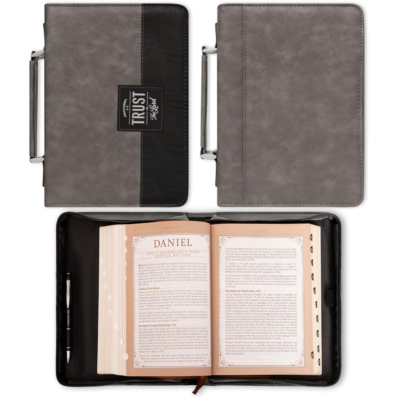 Christian Art Gifts Protective Charcoal Gray and Black Faux Leather Classic Bible Cover for Men: Trust in The Lord - Proverbs 3:5 Inspirational Bible Verse Carry Case with Handle Zippered, Medium