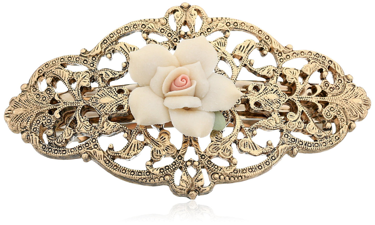 1928 Jewelry Gold-Tone Ivory Porcelain Rose Hair Barrette