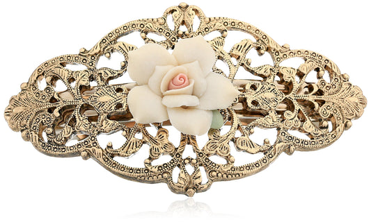 1928 Jewelry Gold-Tone Ivory Porcelain Rose Hair Barrette