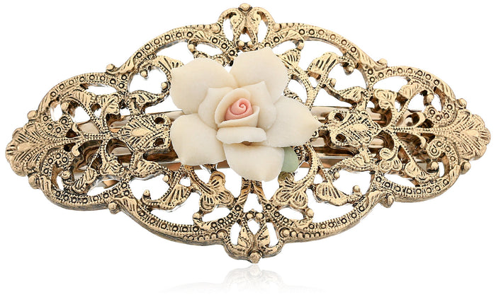 1928 Jewelry Gold-Tone Ivory Porcelain Rose Hair Barrette