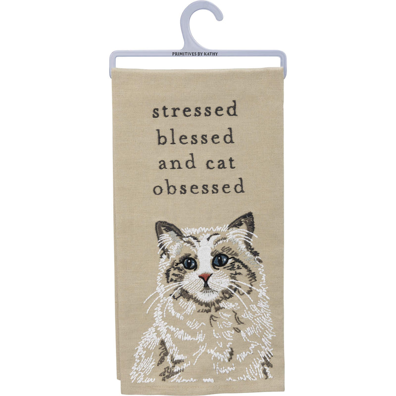 Primitives by Kathy Stessed Blessed and Cat Obsessed Dish Towel