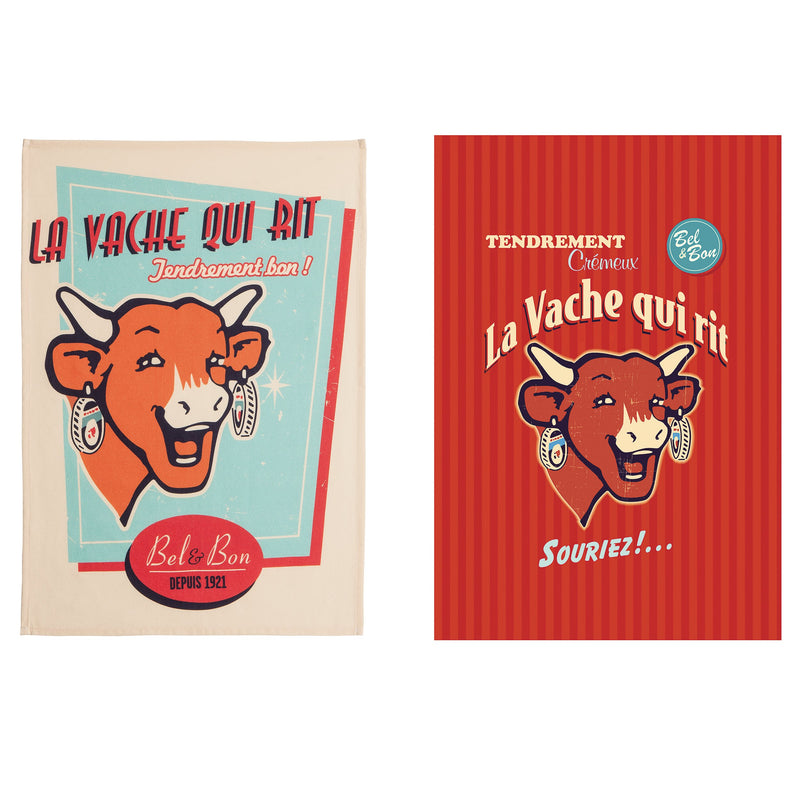 Coucke La Vache Qui Rit Rétro Vanilla and La Vache Qui Rit Rétro Red French Jacquard Towels, Set of 2, 30-inch Length, Cotton