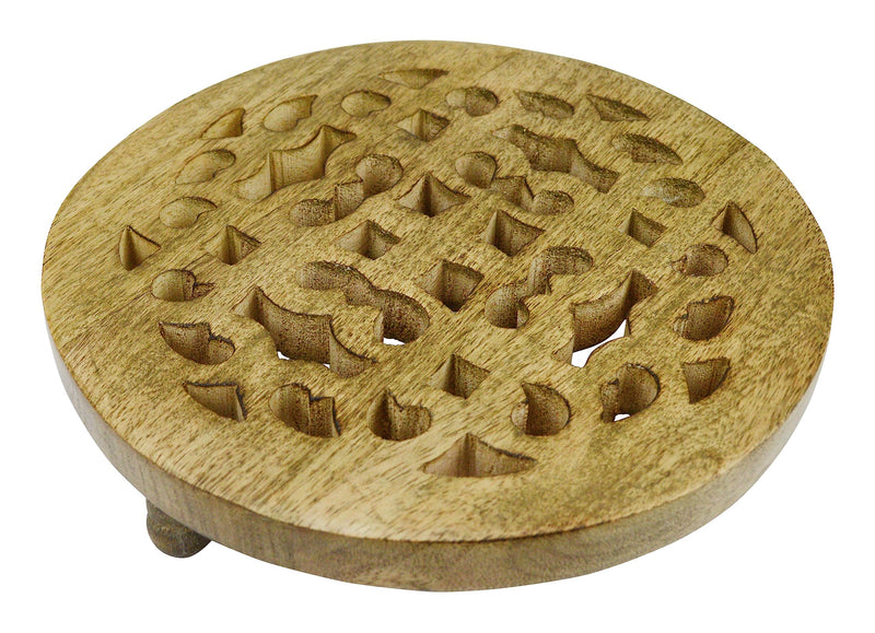 8 in Round Scroll Design Wood Trivet