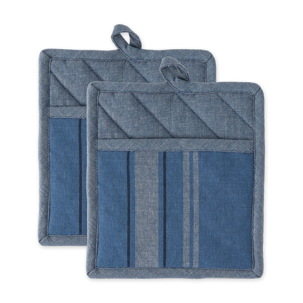 DII Cotton French Stripe Pot Holders with Pocket, 9 x 8 Set of 2, Machine Washable and Heat Resistant Country Farmhouse Cooking and Baking Pocket Mitts Chambray Blue