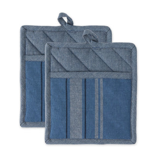 DII Cotton French Stripe Pot Holders with Pocket, 9 x 8 Set of 2, Machine Washable and Heat Resistant Country Farmhouse Cooking and Baking Pocket Mitts Chambray Blue