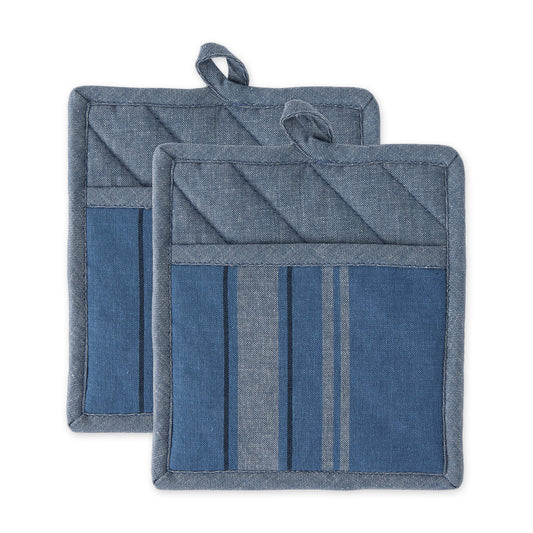 DII Cotton French Stripe Pot Holders with Pocket, 9 x 8 Set of 2, Machine Washable and Heat Resistant Country Farmhouse Cooking and Baking Pocket Mitts Chambray Blue