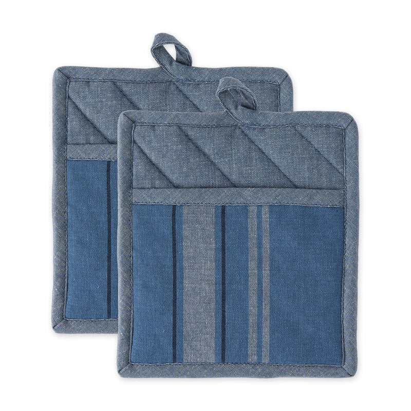 DII Cotton French Stripe Pot Holders with Pocket, 9 x 8 Set of 2, Machine Washable and Heat Resistant Country Farmhouse Cooking and Baking Pocket Mitts Chambray Blue