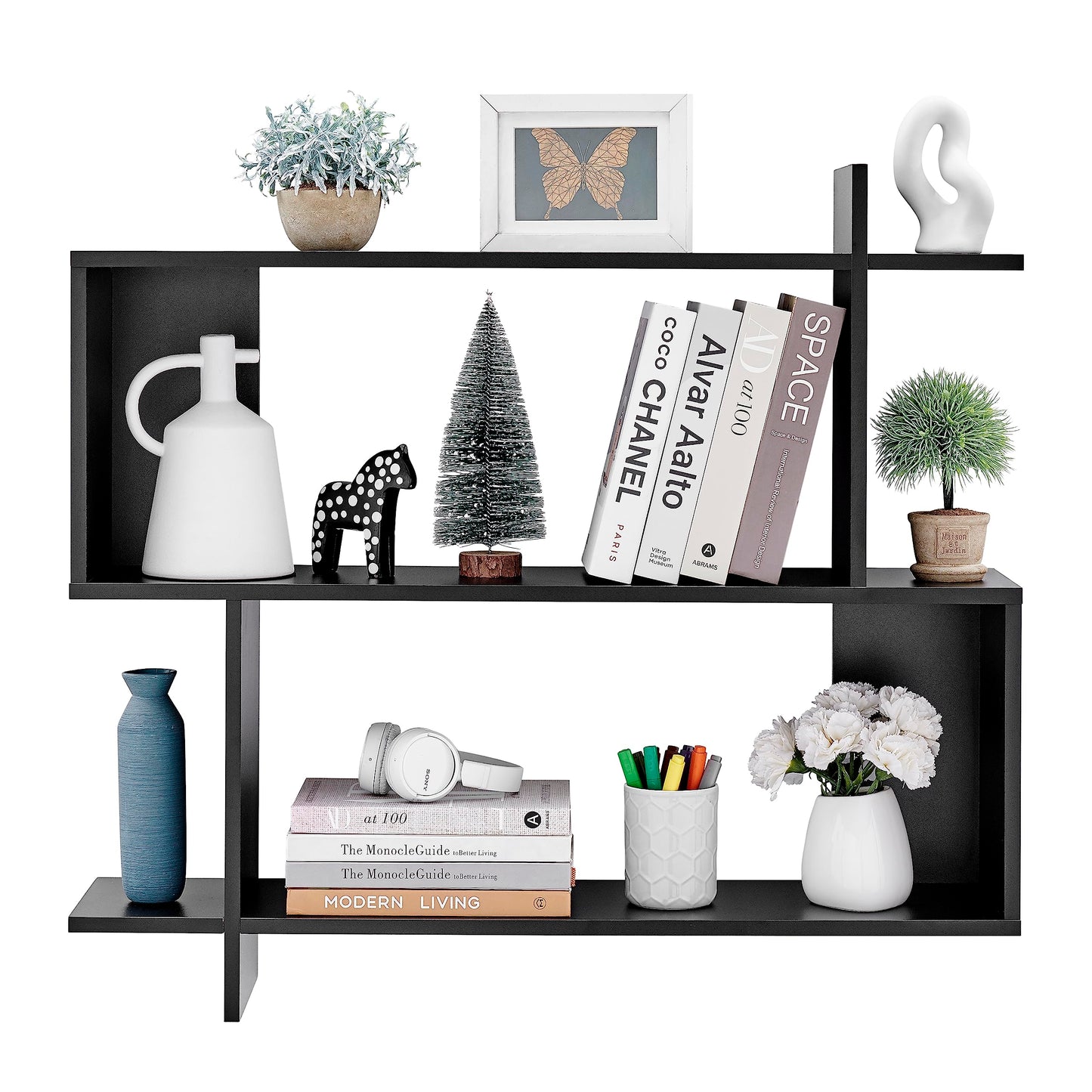 Danya B. Manasa Floating Geometric Kilter Two-Tier Wall Shelf - Black