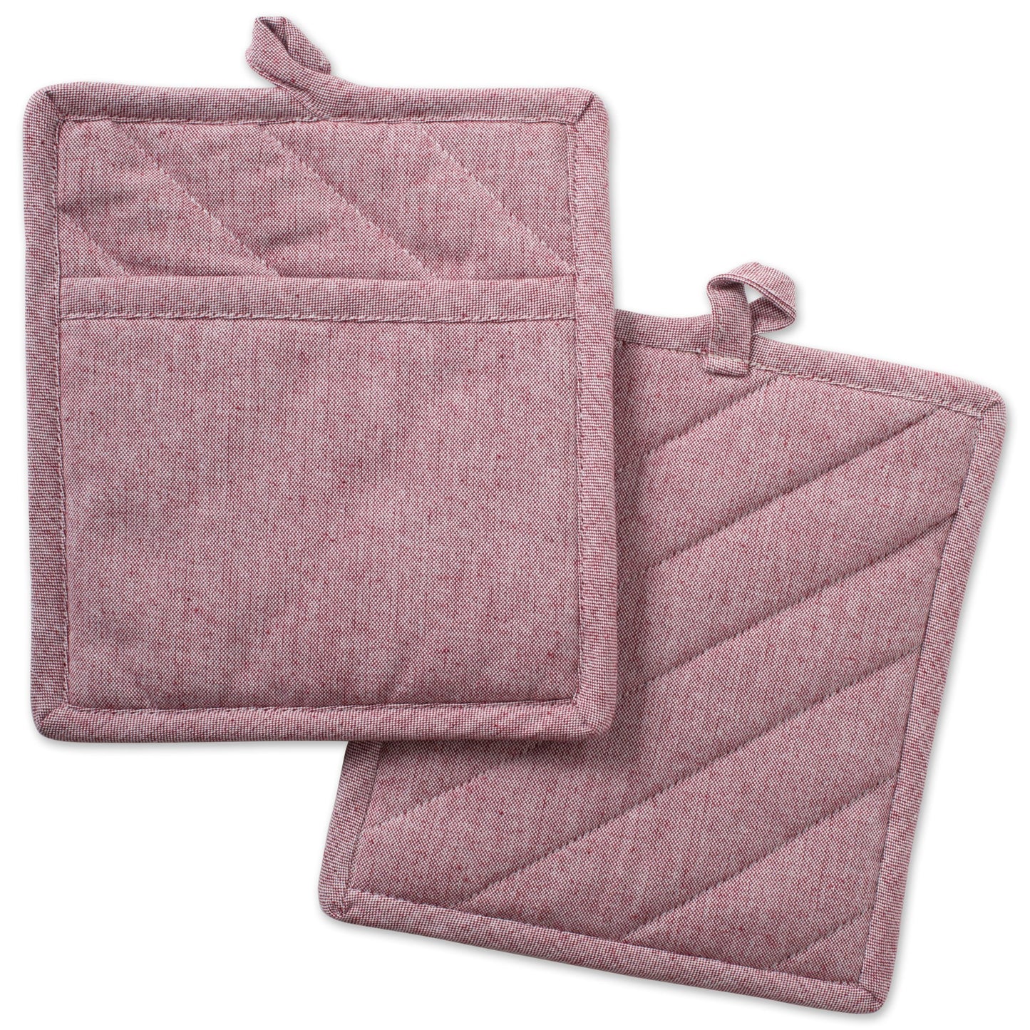 DII 100% Cotton Solid Chambray Kitchen Set, Potholders, Barn Red, 2 Piece