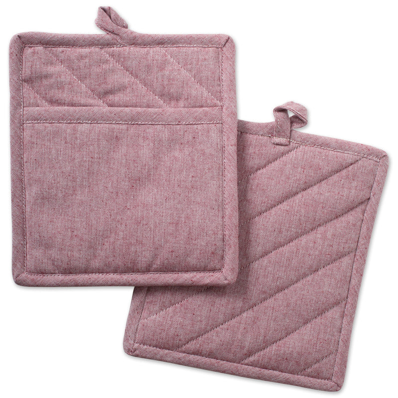 DII 100% Cotton Solid Chambray Kitchen Set, Potholders, Barn Red, 2 Piece